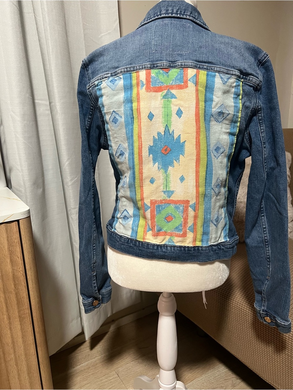 Denim Jacket with Multicolor Aztec Back Panel - Blue